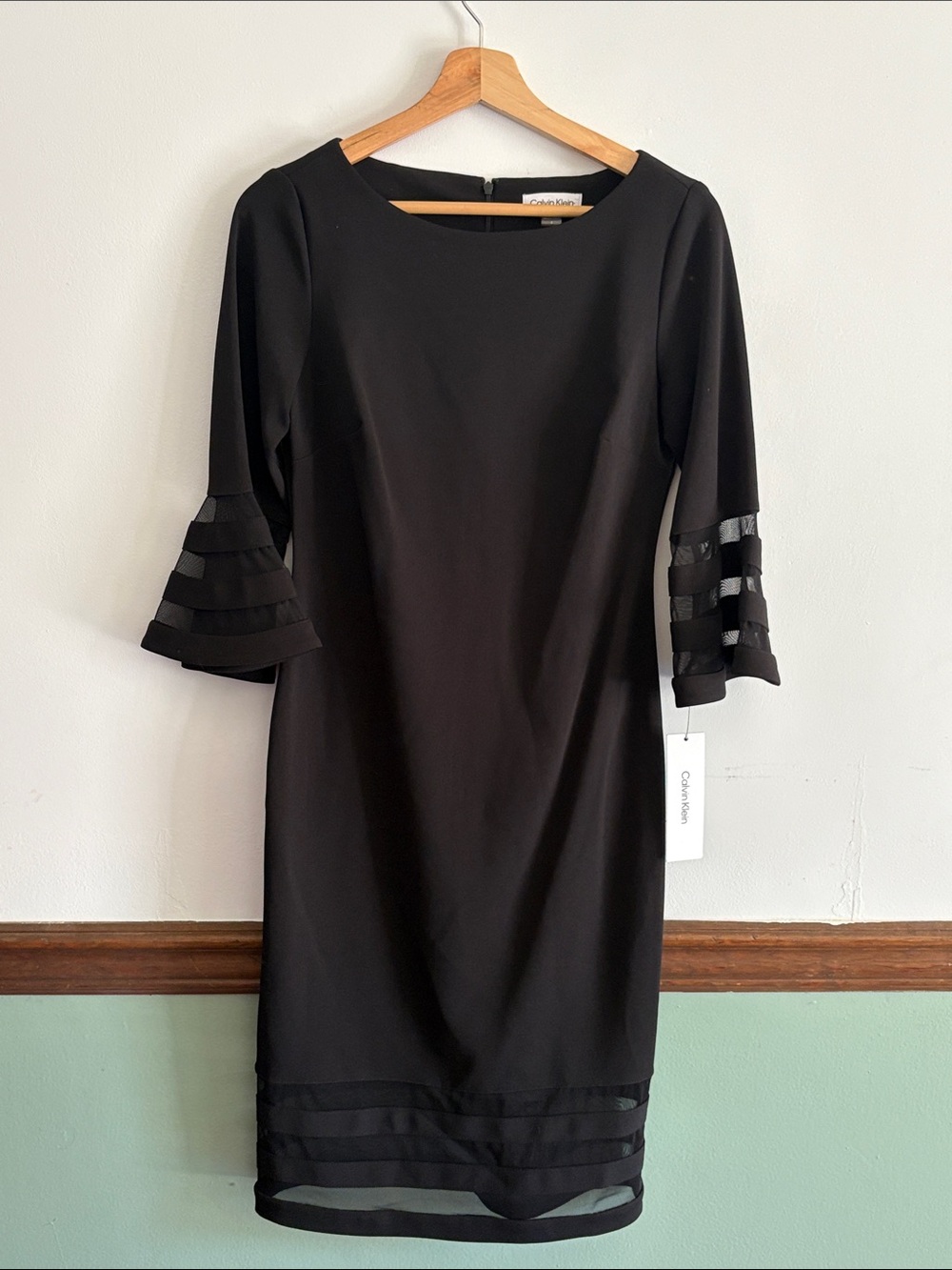 Calvin Klein Womens Black Sheath Dress with Tiered Sleeve Detail